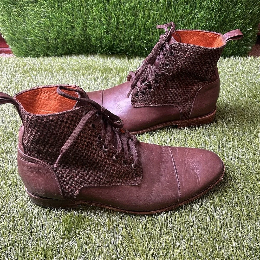 Scott & Lowe Mens Brown‎ Leather Woven Goodyear Welted Cap Toe Lace Up Boots